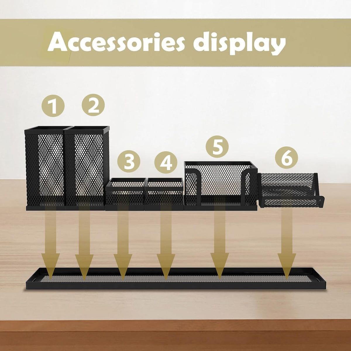 Pen Holder for Desk, 6-Piece Mesh Desk Organizer with Phone Holder, Black
