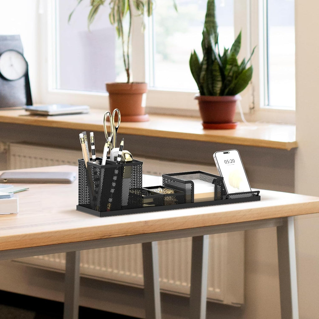 Pen Holder for Desk, 6-Piece Mesh Desk Organizer with Phone Holder, Black