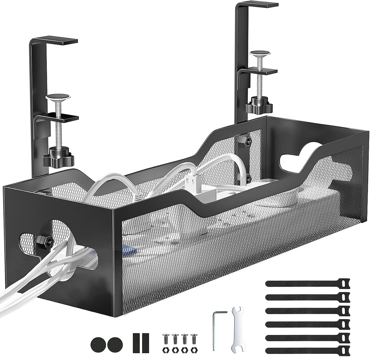 Under Desk Cable Management Tray No Drill, Metal Mesh Cable Management Under Desk with Clamp Mount, 2 Hole Cable Tray with Wire Management and Cord Organizer for Home Office Standing Desk