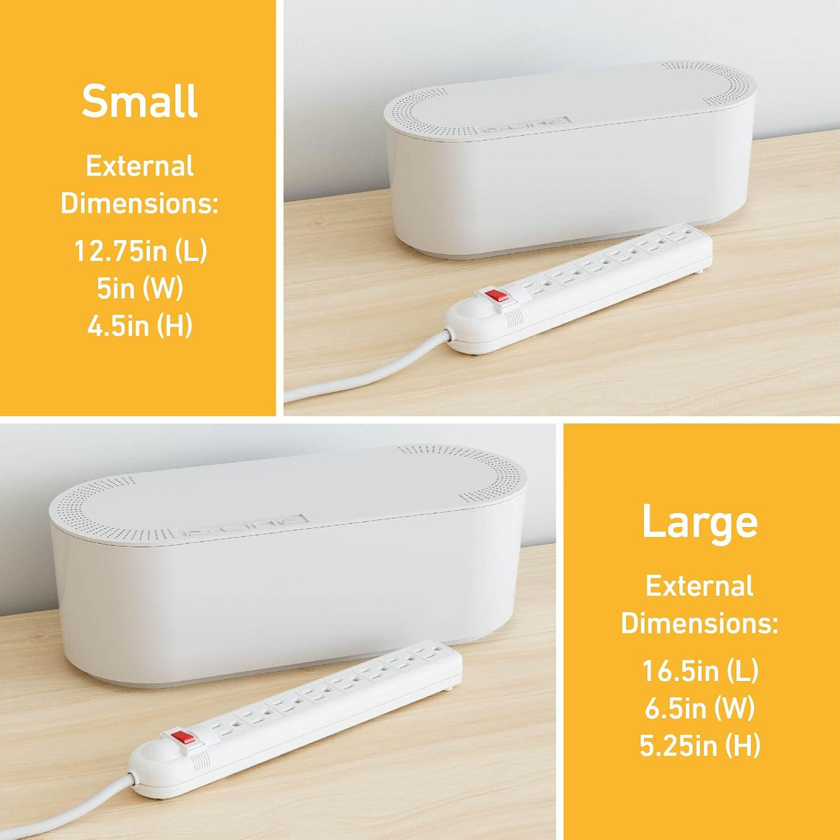 D-Line Cable Management Box, Power Strip Holder, Floor Outlet Hiders, Desk Cord Organizer, Cover TV Wires, Wire Storage – 16.5 in (Length) x 6.5in (Width) x 5.25in (Height) - Large, White