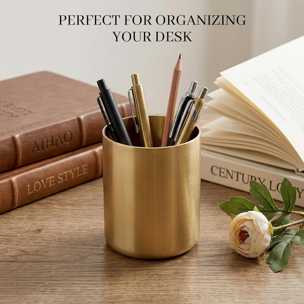Pen Holder for Desk Gold Pen Holder Makeup Brush Holders Stainless Steel Pens Stand Round Desktop Organizer Pens Pot Cup Office and Vanity Desk Accessory for Office Home Decor Organizer