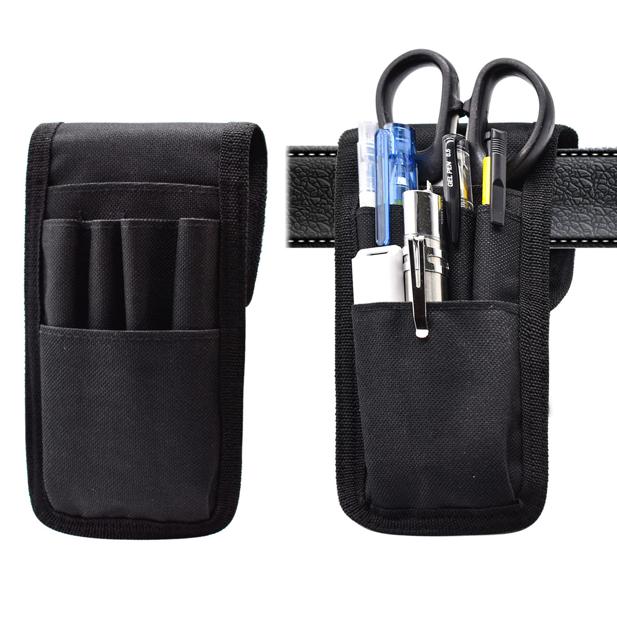 2 Pcs KATOLK Belt Pen Holder, Multifunctional Adjustable Tactical Pencil Pouch, Detachable Military Duty Pencil Sleeve Case, Can Hold Pens, Rulers and Scissors