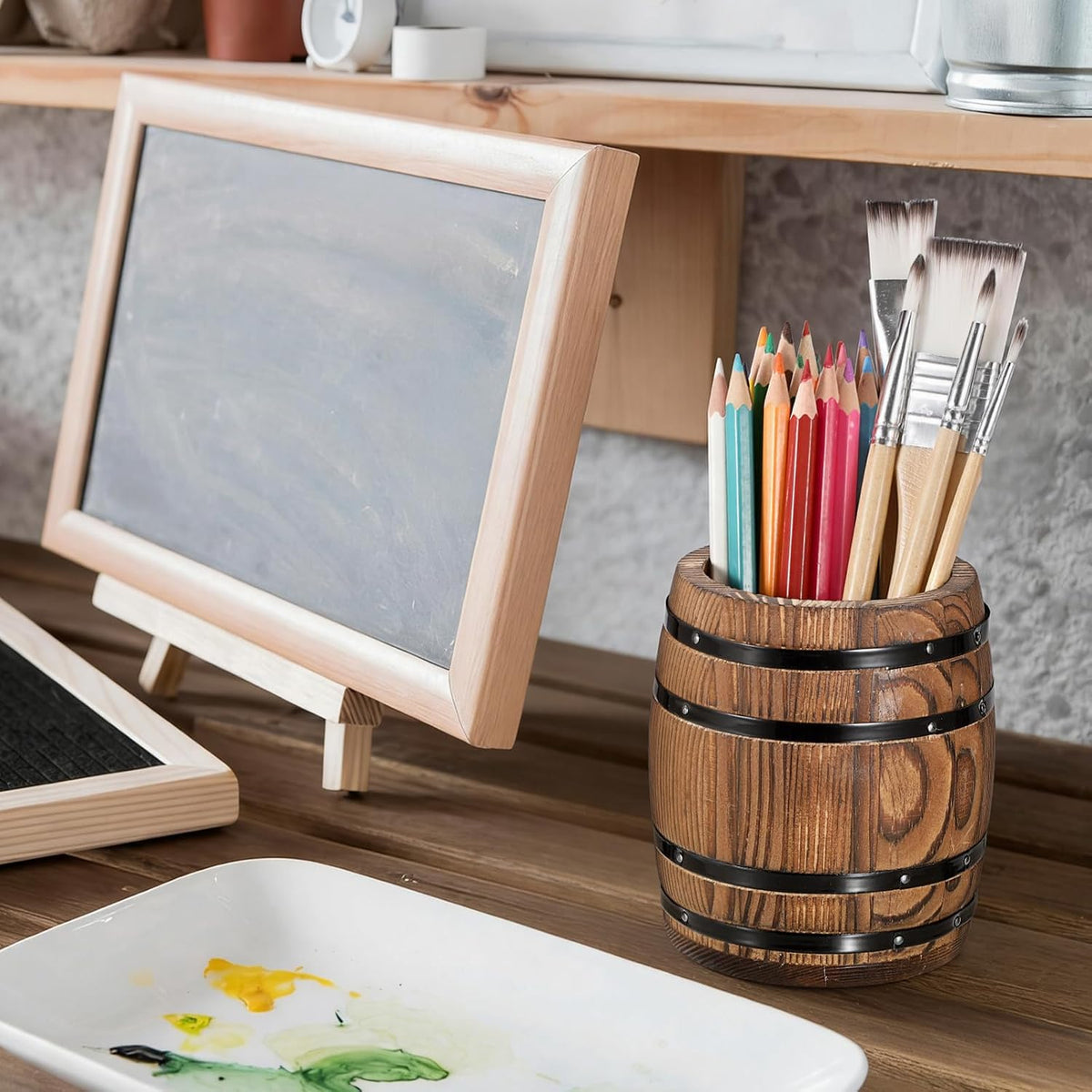 Rustic Wooden Pen Holders for Desk, Wine Barrel Shaped Pencil Cup