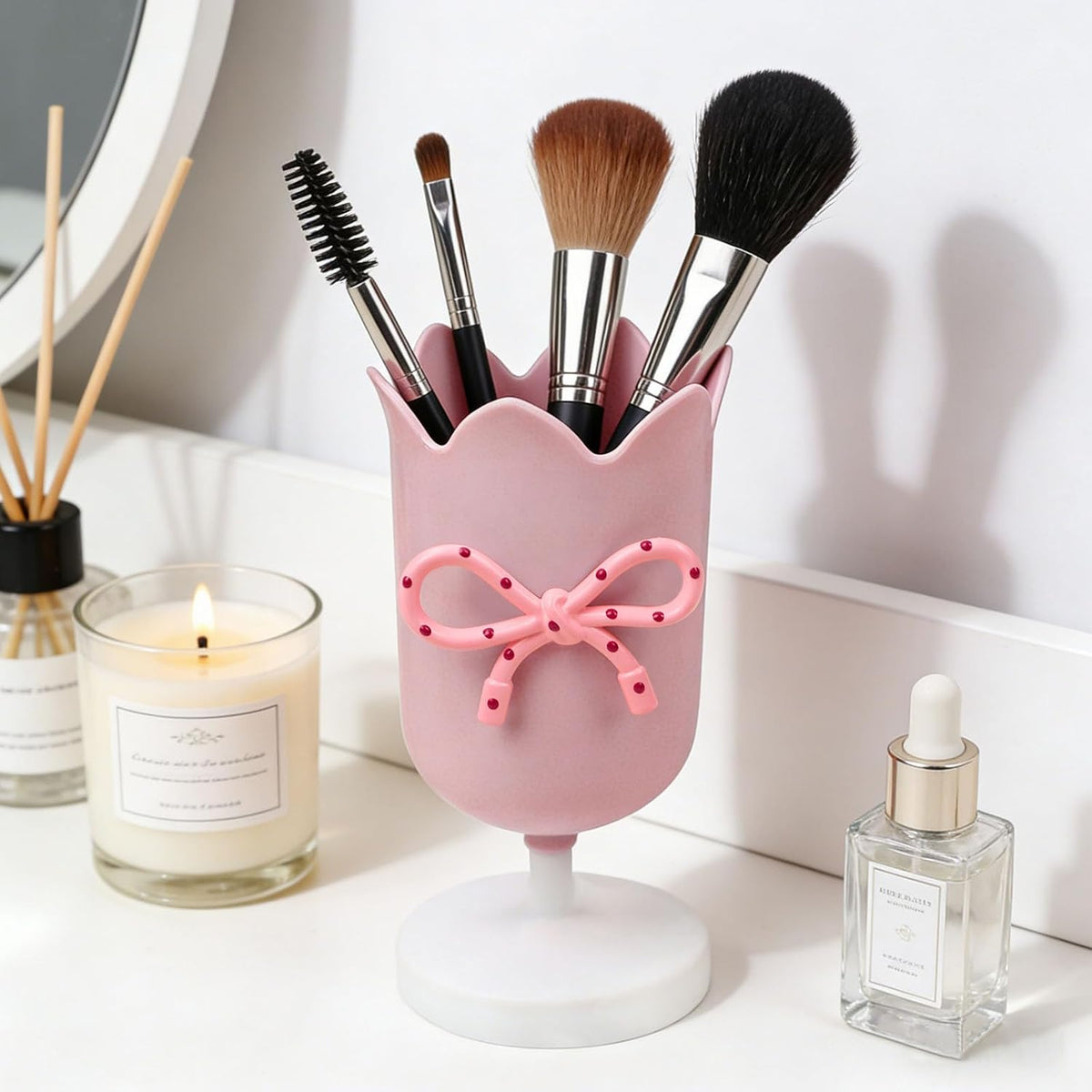 Tulip Pen Holder for Desk Cute Plastic Pencil Organizer Makeup Brush Cup Holders with Adhesive Bow, Teachers Gifts Back To School Office Accessories (Pink)