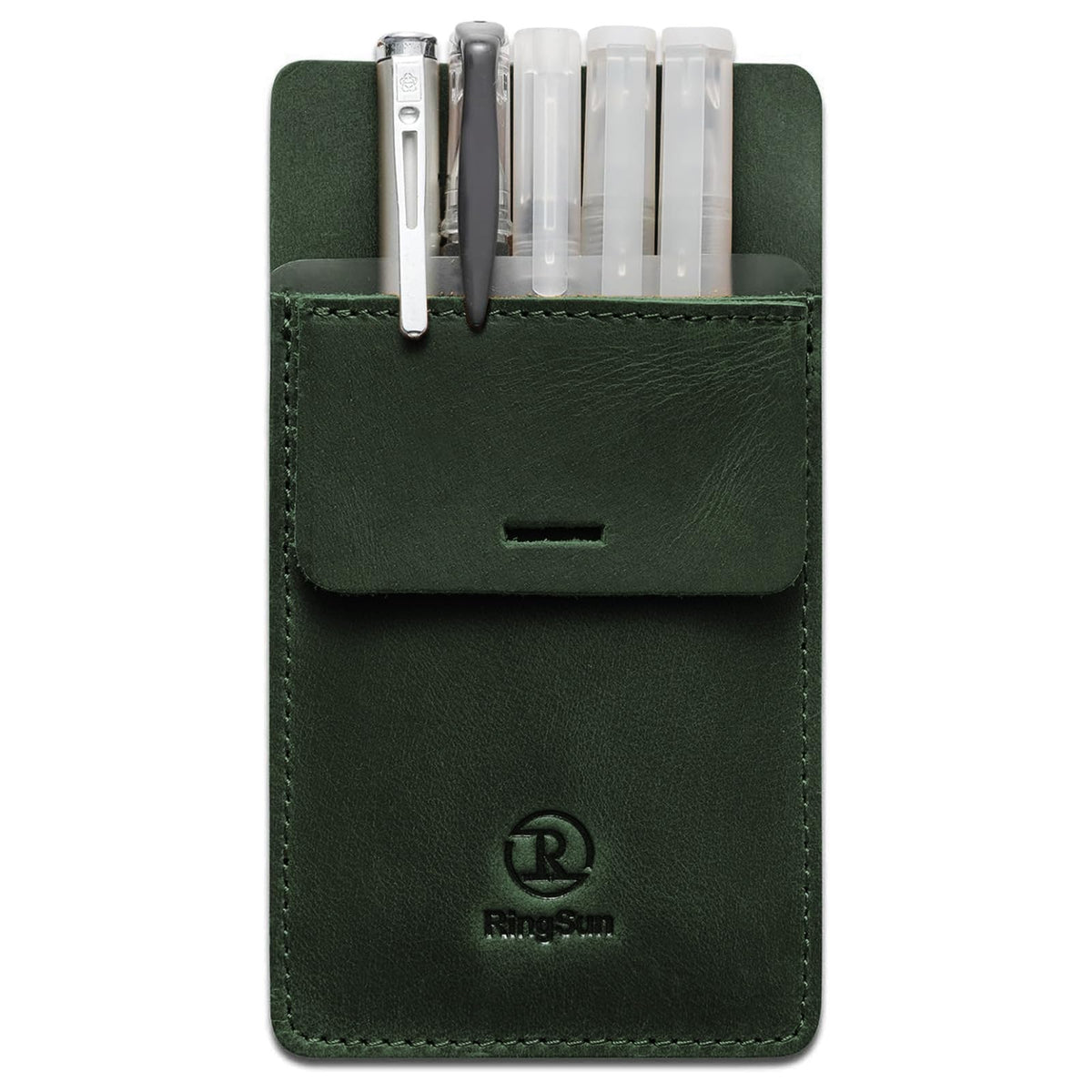 Ringsun Men's Pocket Protector - Full Grain Leather - Heavy Duty Pen Holder for Shirts, Lab Coats - Holds 6 Pens & Pointers & Cards