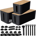 128PCS Cable Management Box 3Pack Cable Management Kit for Power Strip to Hide Wires,Cord Hider Boxes,Cord Box Safe ABS Material Wire Organizer of Cable Clips Sleeve for Home & Office, Black