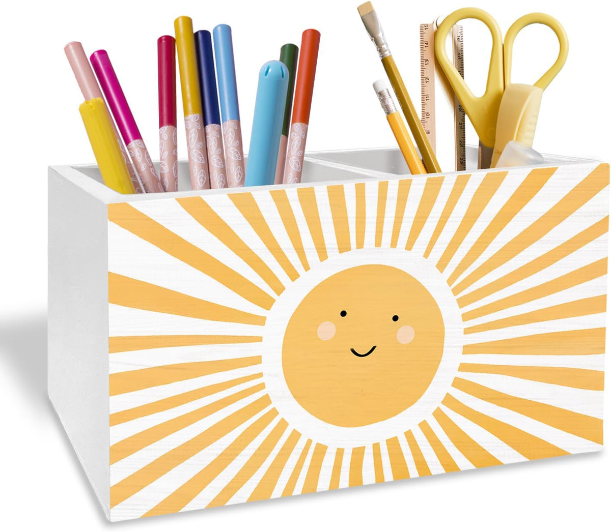 Boho Sunshine Pen Holder for Desk, Boho Classroom Decor Pencil Organizer, Cute Orange Yellow Sun Wooden Box Sign Desk Decor for Kids Room Nursery Playroom Classroom Decoration