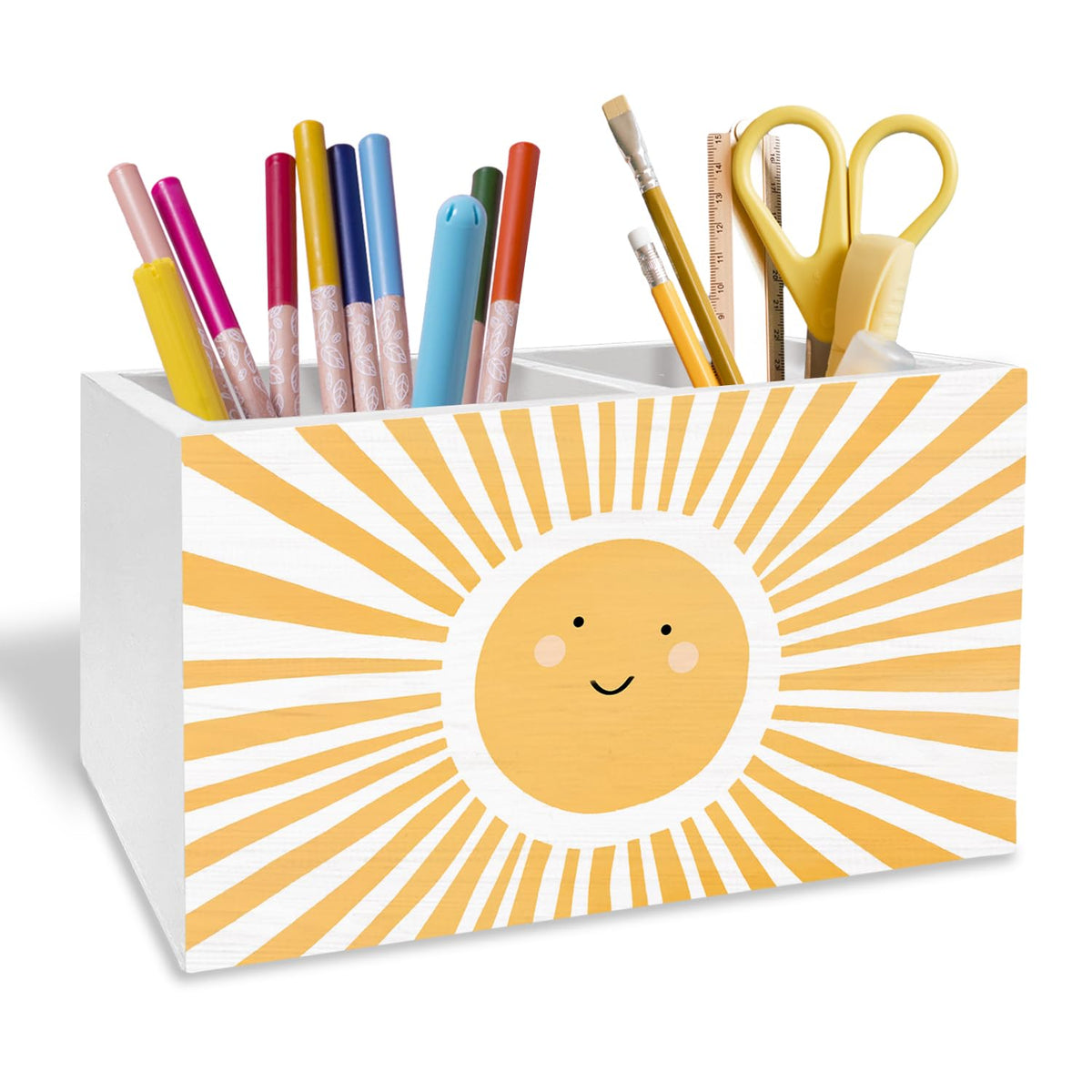 Boho Sunshine Pen Holder for Desk, Boho Classroom Decor Pencil Organizer, Cute Orange Yellow Sun Wooden Box Sign Desk Decor for Kids Room Nursery Playroom Classroom Decoration