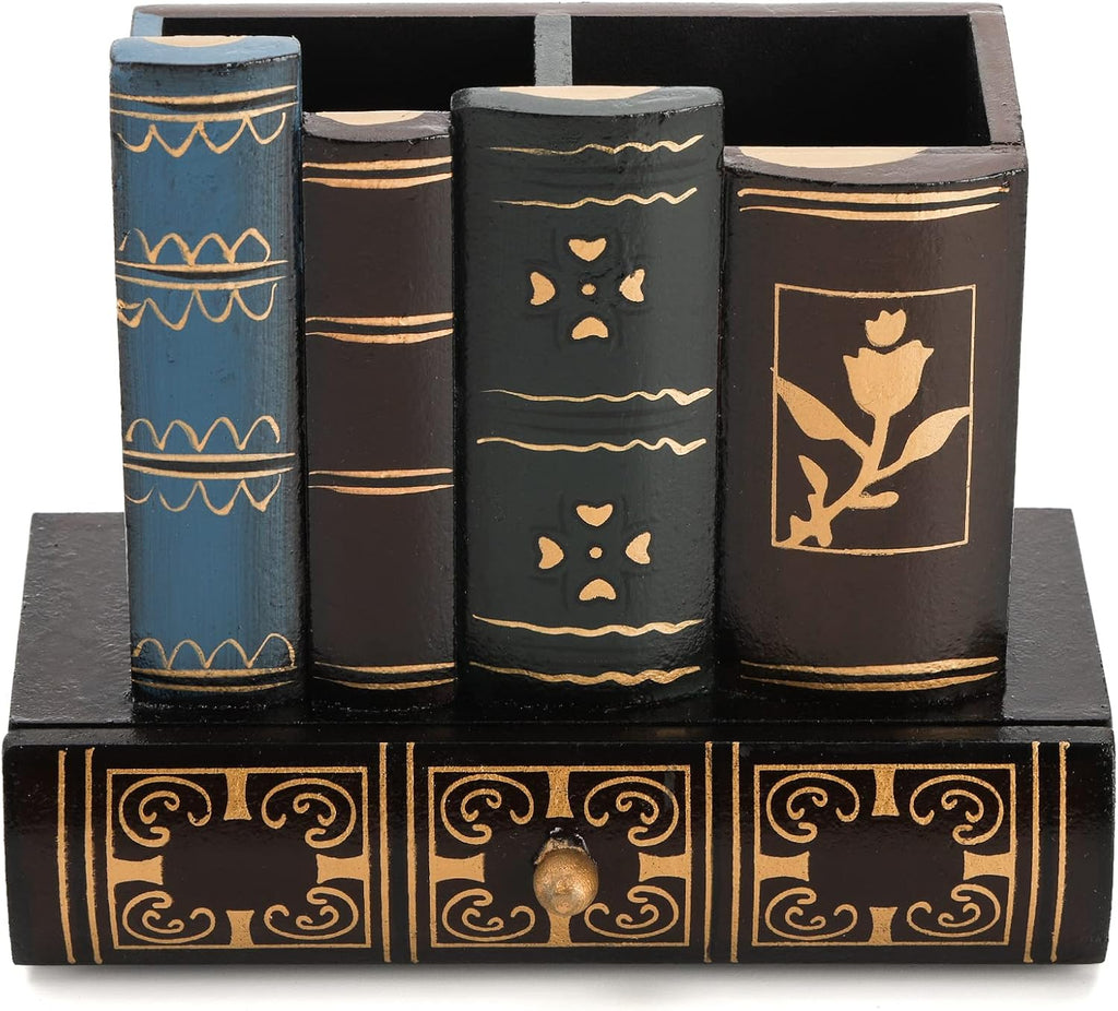 Tosnail Decorative Pen Holder with Storage Drawer, Wooden Pencil Holder Organizer, Antique Library Books Design Pen Cup Caddy, Desk Organizer for Office Supplies, Countertop, Desk, Table Accessory