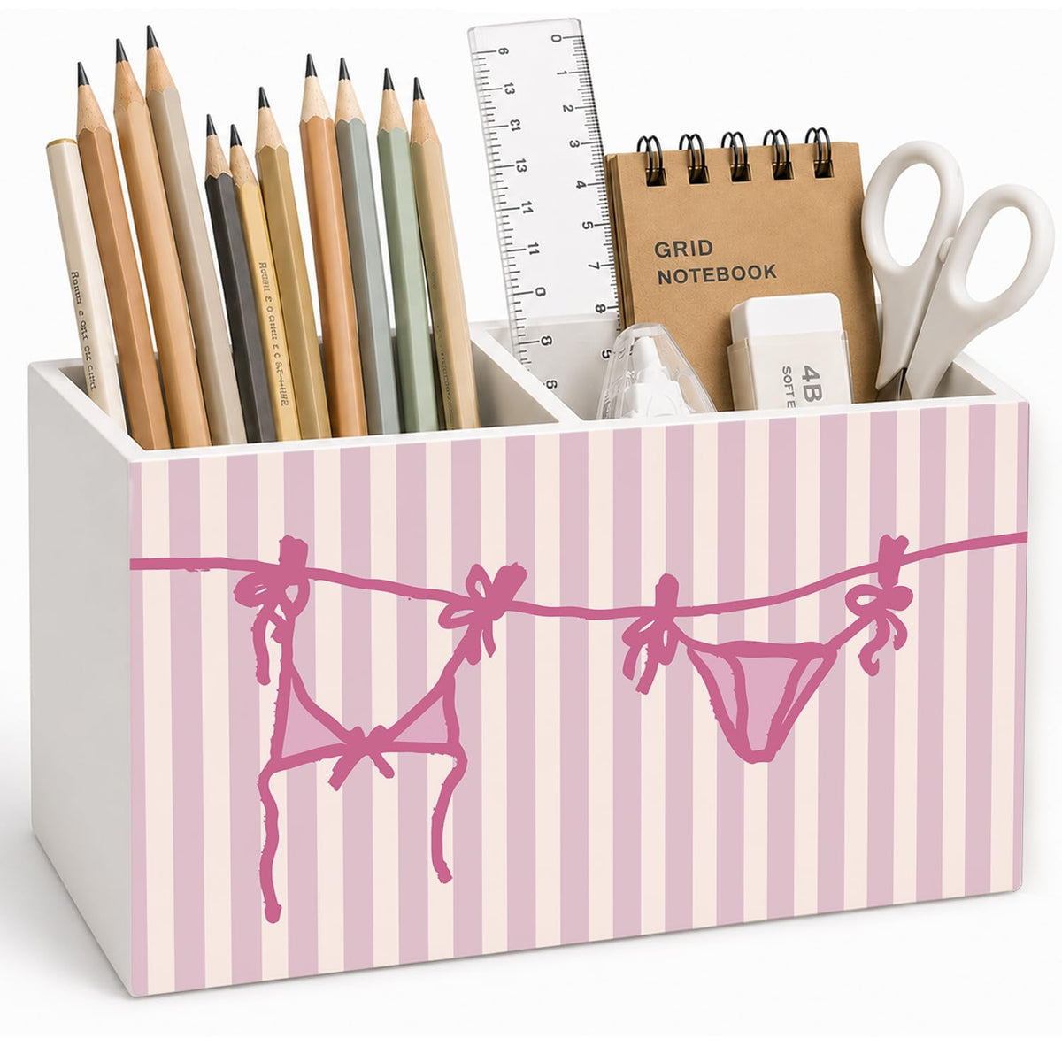 Lacama Spring Tulip Floral Pen Pencil Holder for Desk, Tulip Flower Botanical Sage Green Floral Pretty Cottagecore Pencil Holders Wooden Box Organizer for Home Office Bedroom Desk Tabletop