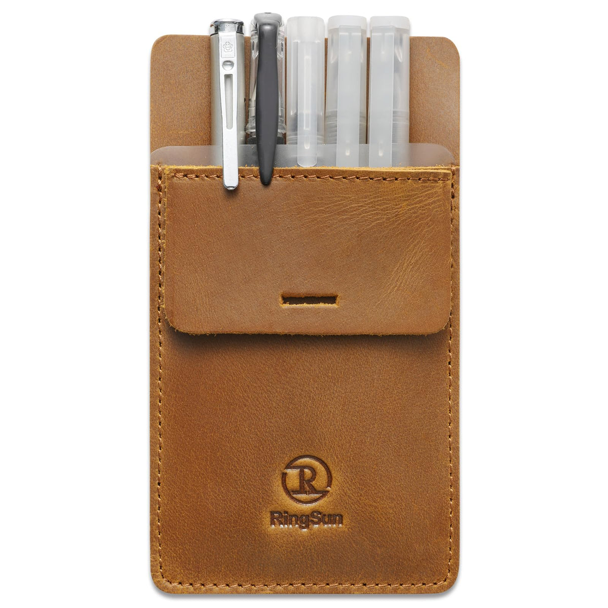 Ringsun Men's Pocket Protector - Full Grain Leather - Heavy Duty Pen Holder for Shirts, Lab Coats - Holds 6 Pens & Pointers & Cards