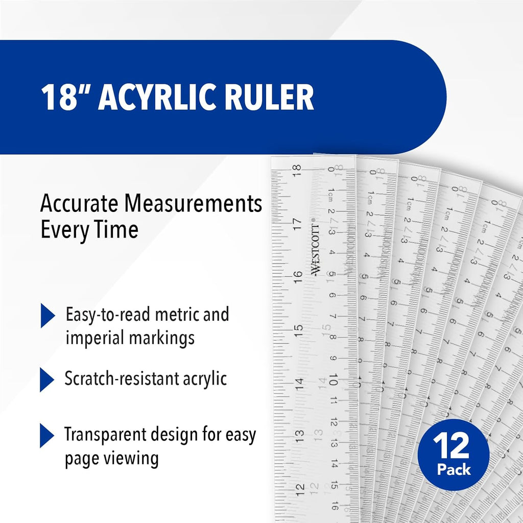 Westcott 18-Inch Acrylic Clear Ruler Set with Raised Beveled Edges, Scratch-Resistant Design, 12-Pack (10564)