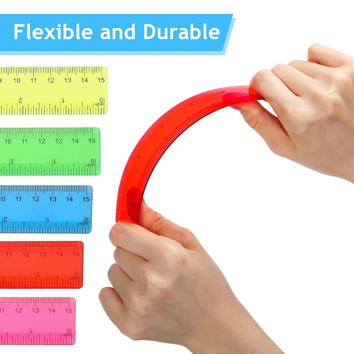 Zonon 100 Pcs 6 Inch Plastic Rulers Flexible Dual,Colorful, Transparent