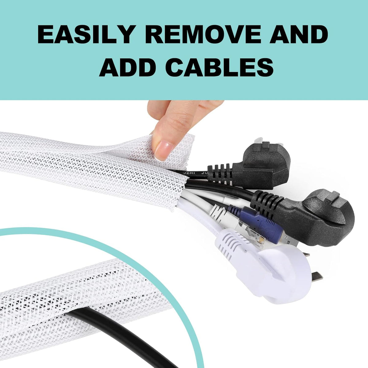 AGPTEK White Cable Management Sleeve, 2 Pack 5ft - 1.2 inch Cord Hider