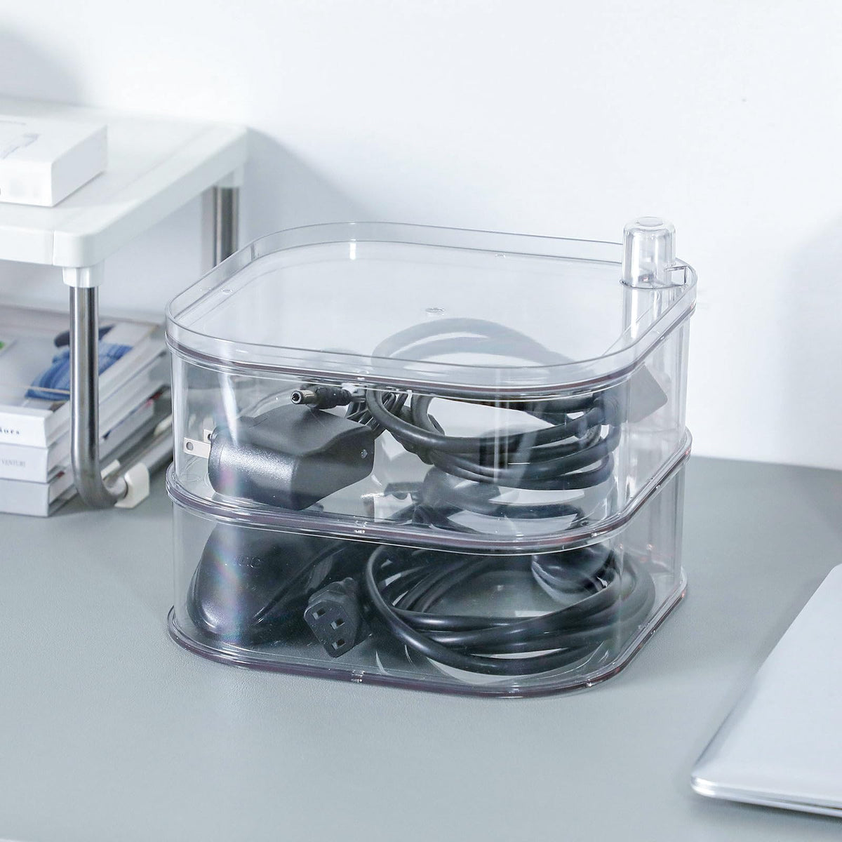 Large Charger Cable Storage Box with Lid, 4-Tiers, Clear