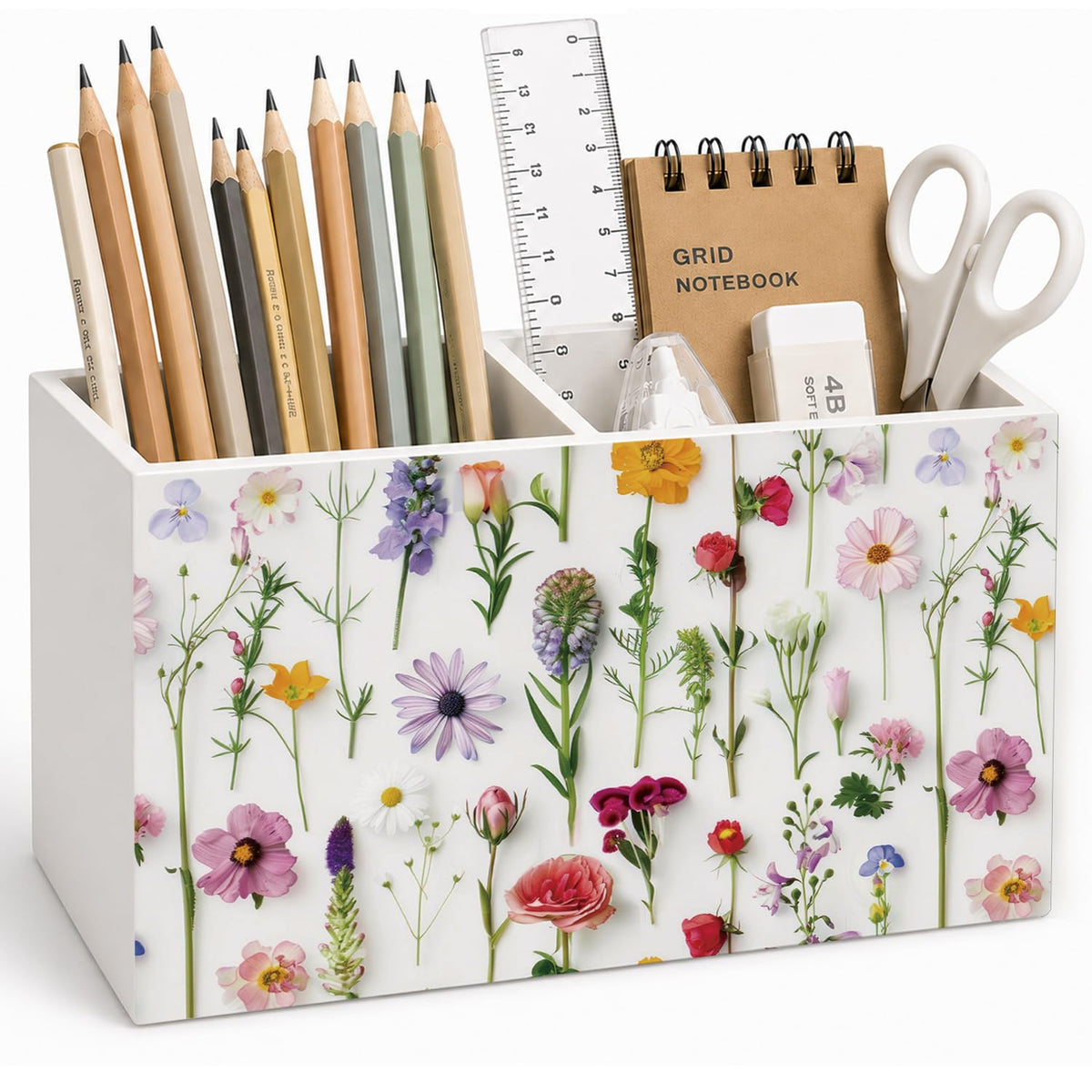 Lacama Spring Tulip Floral Pen Pencil Holder for Desk, Tulip Flower Botanical Sage Green Floral Pretty Cottagecore Pencil Holders Wooden Box Organizer for Home Office Bedroom Desk Tabletop