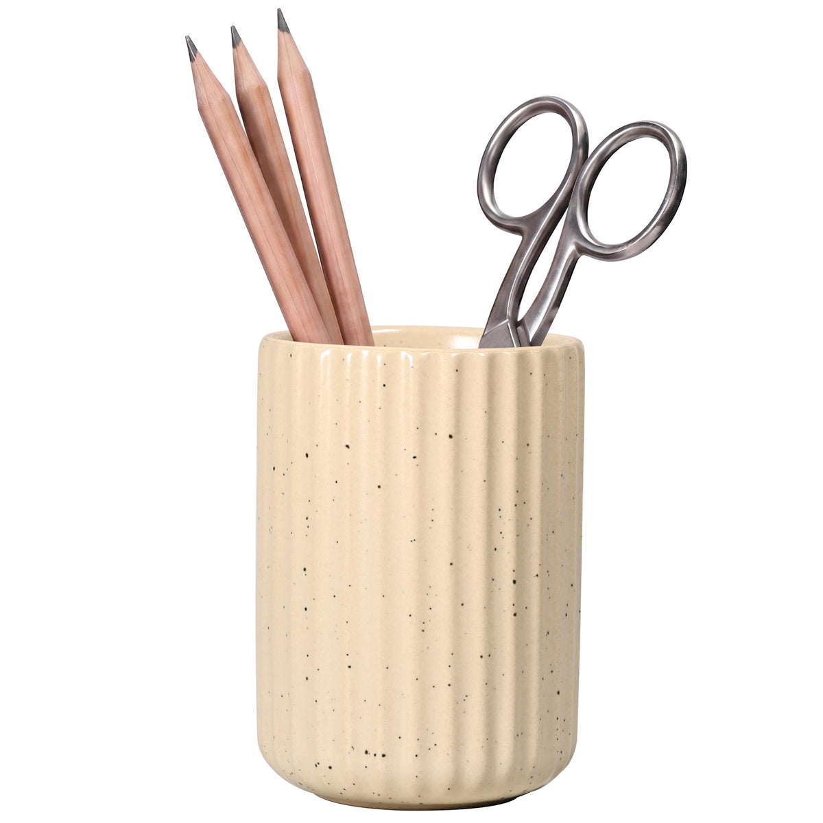 Ceramic Pen Holder with Vertical Groove Design, Desk Pen Pencil Cup for Office, Multipurpose Ceramic Cup for Pens, Pencils, Makeup Brushes, Small Ceramic Vase, Fish Belly White Fluted Surface