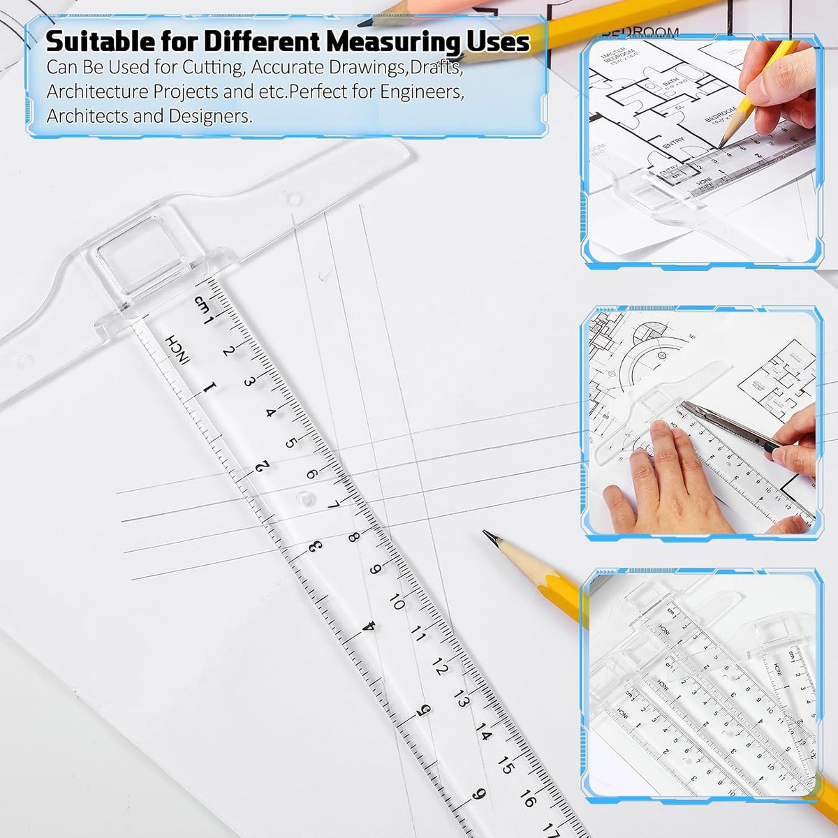 Pangda 1 Pcs 12 Inch T-Square Ruler Plastic for Drafting Drawing