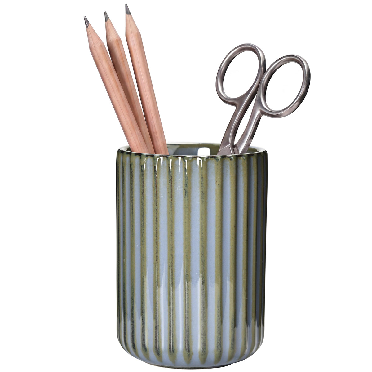 Ceramic Pen Holder with Vertical Groove Design, Desk Pen Pencil Cup for Office, Multipurpose Ceramic Cup for Pens, Pencils, Makeup Brushes, Small Ceramic Vase, Fish Belly White Fluted Surface