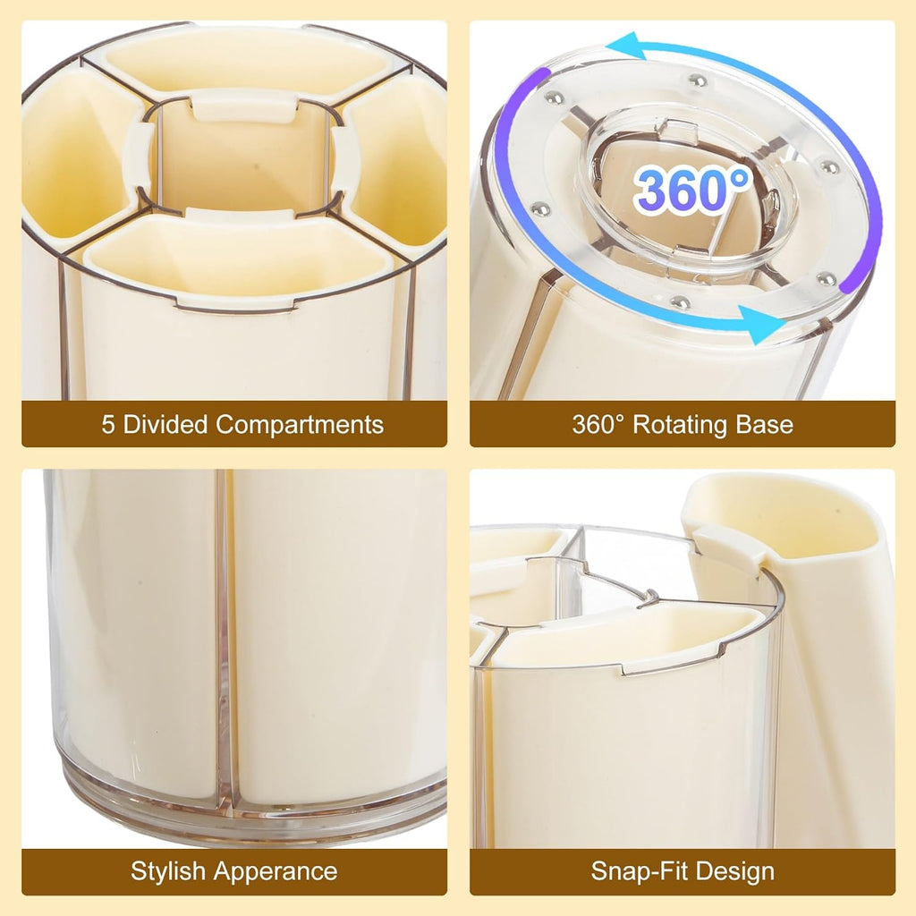 Comix 360° Rotating Pen Holder for Desk, Beige Pencil Holder with 5 Slots