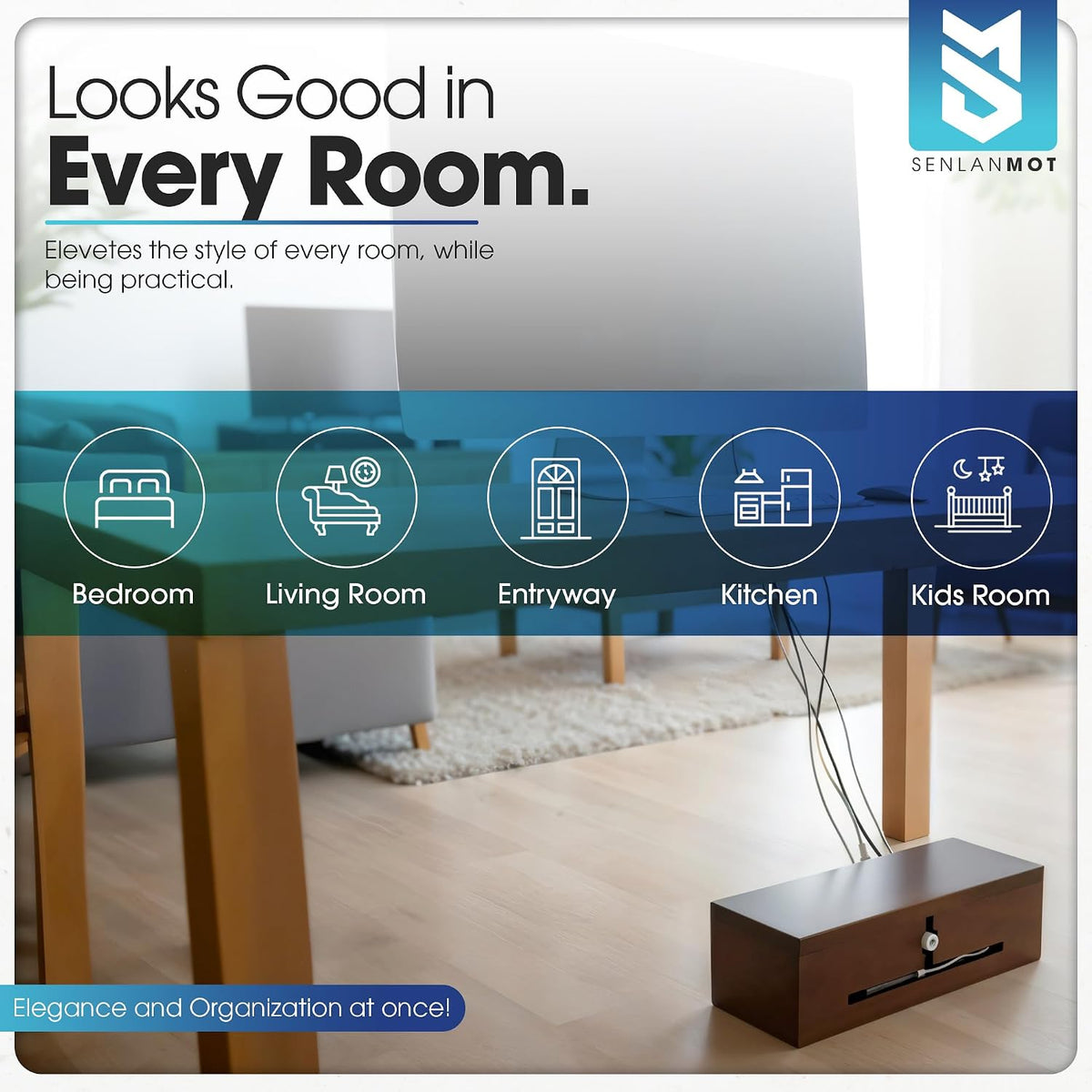 Wooden Cable Management Box – Modern Wire Organizer Box & Power Strip Cover for Home or Office | Large Cable Hider for Wires, Chargers & Extension Leads