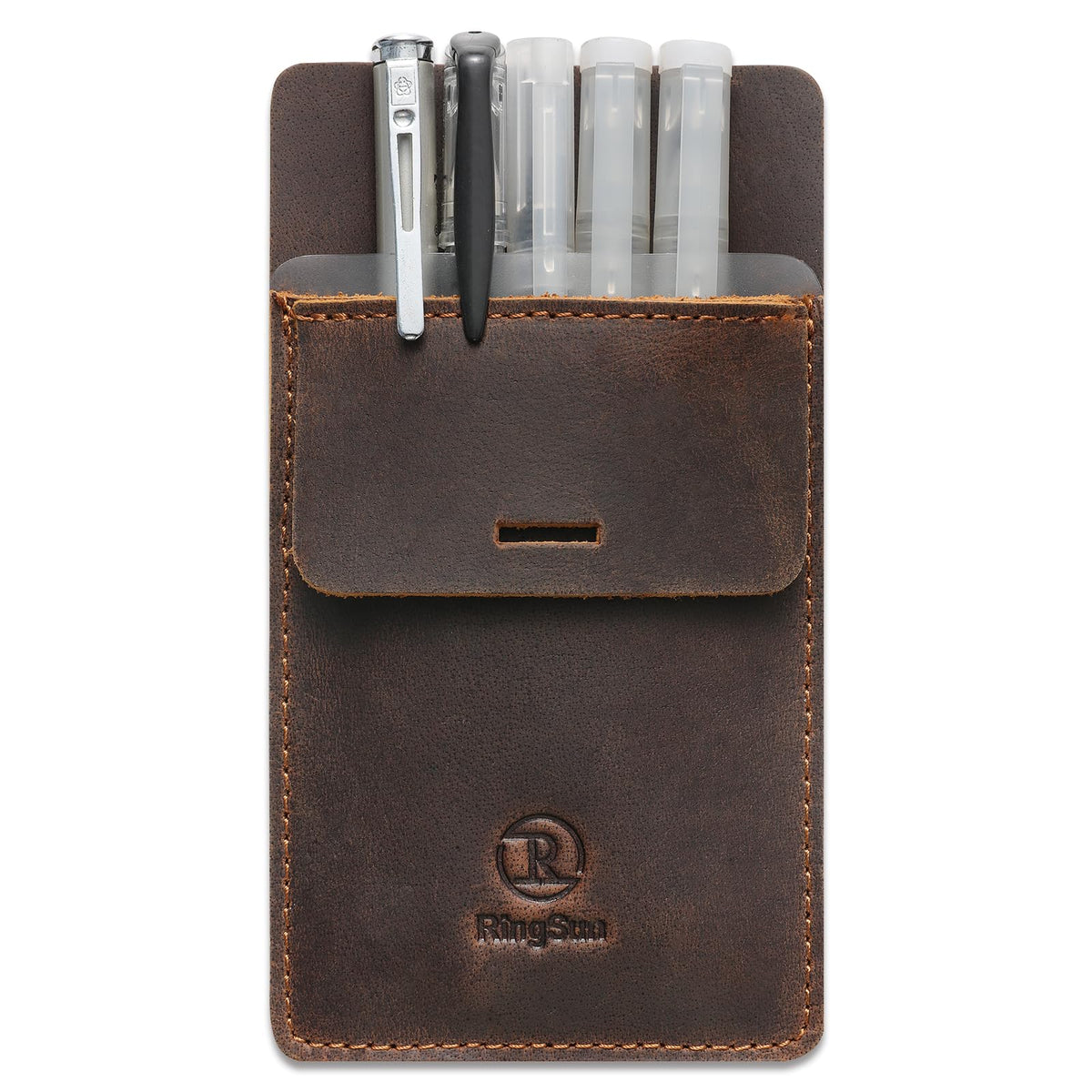 Ringsun Men's Pocket Protector - Full Grain Leather - Heavy Duty Pen Holder for Shirts, Lab Coats - Holds 6 Pens & Pointers & Cards