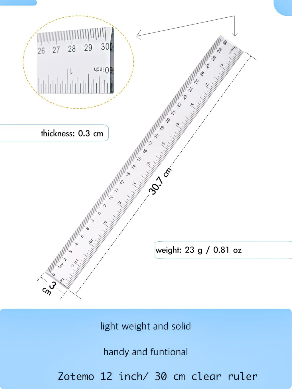 Ruler 12 Inch, 2 Pack Clear Plastic Rulers with Inches and Metric, Shatterproof Transparent Straight Edge for School Office, Easy-to-Read mm cm Markings