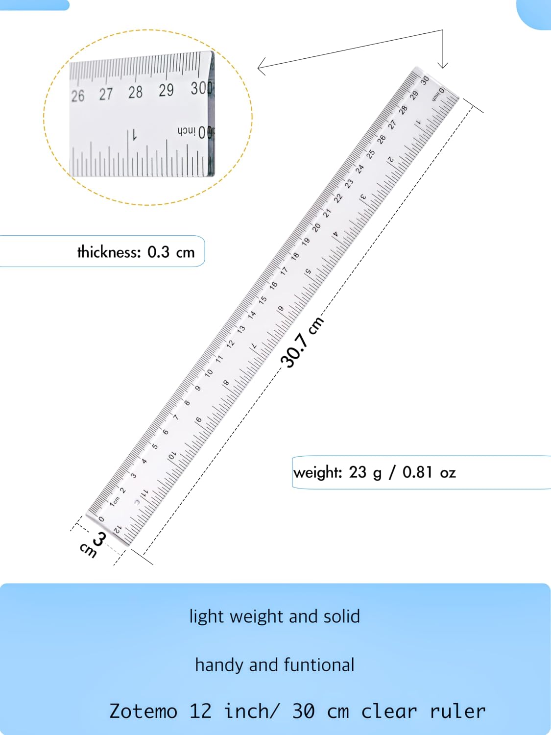Ruler 12 Inch, 2 Pack Clear Plastic Rulers with Inches and Metric, Shatterproof Transparent Straight Edge for School Office, Easy-to-Read mm cm Markings