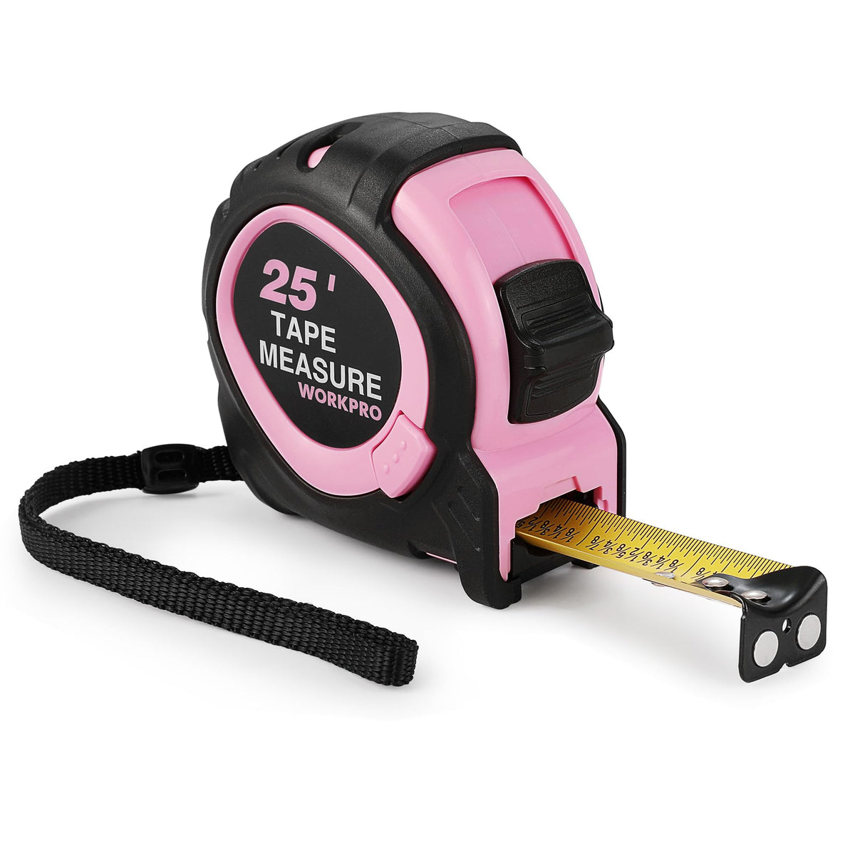 WORKPRO 25-FT Tape Measure with Fractions, 3 Brakes Retractable Measuring Tape, Compact Measurement Tape with Magnetic Hook, Nylon Coating Blade Accuracy 1/32”, Pink