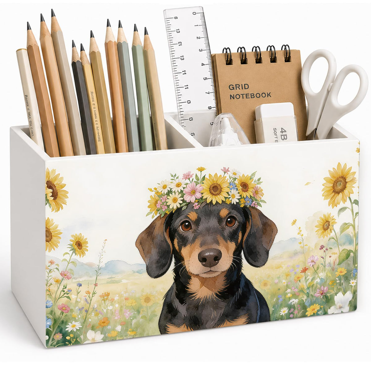 Lacama Spring Tulip Floral Pen Pencil Holder for Desk, Tulip Flower Botanical Sage Green Floral Pretty Cottagecore Pencil Holders Wooden Box Organizer for Home Office Bedroom Desk Tabletop