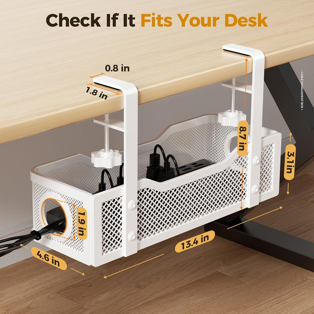 Under Desk Cable Management Tray White, Cinati Wire Organizers No Drill, Cable Tray with Clamp for Wire Management, Cord Organization Box for Office, Home - No Damage to Desk