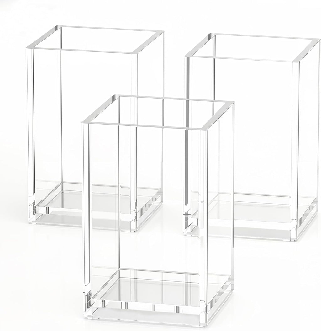 Acrylic Pencil Pen Holder Cup, Clear, 3 Pack | Storage Organizer for School Stationery, Office Desk Accessories, Cosmetic