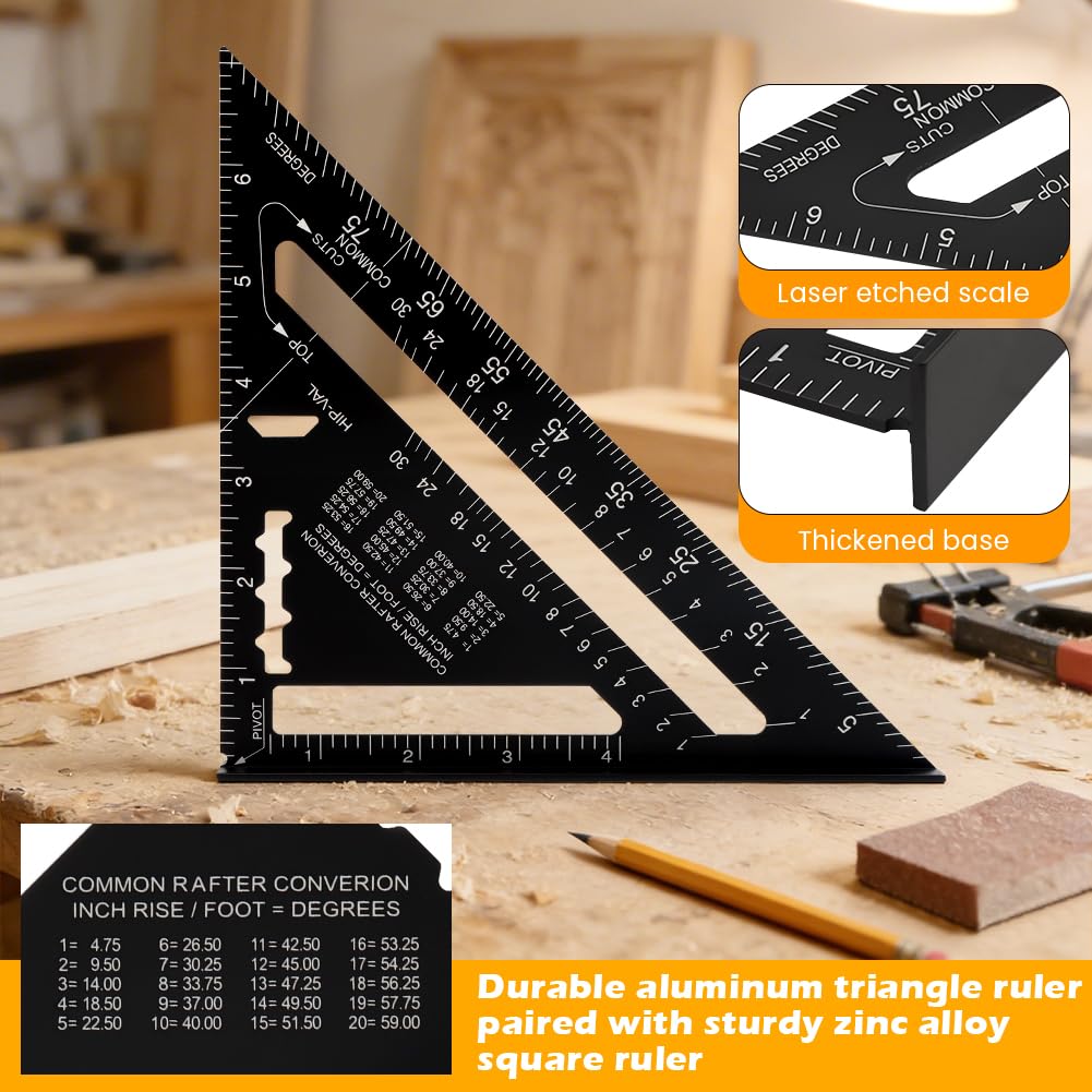 7 Inch Rafter Square & Combination Square Set, Aluminum Alloy Carpenter Square Tool with Dual-Sided Markings, Mini Woodworking Layout Ruler with Small Level for Home DIY Household Repairs