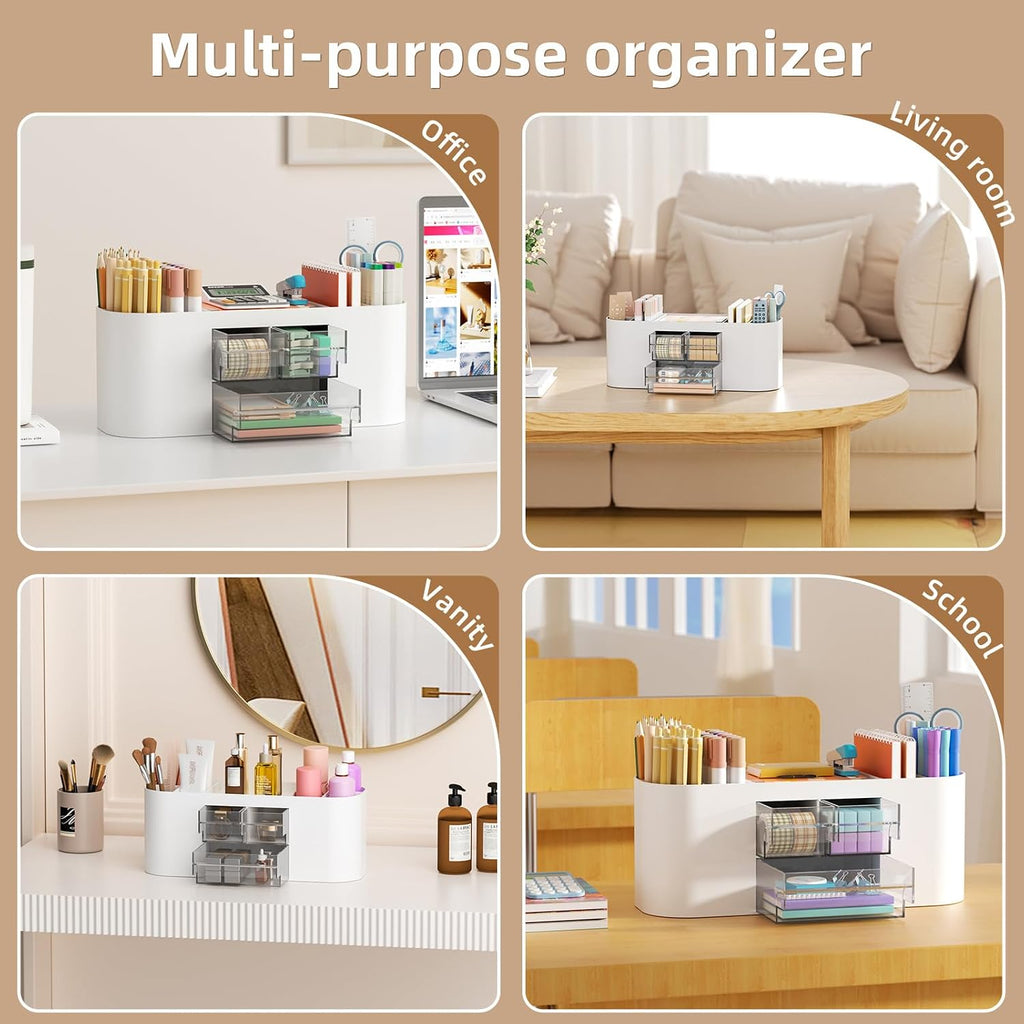 Marbrasse Desk Organizer Pen Holder for Desk with 3 Drawers, Multi-Functional Pencil Holder, Desk Organizers and Accessories with 7 Compartments for Home, School, Classroom(White)