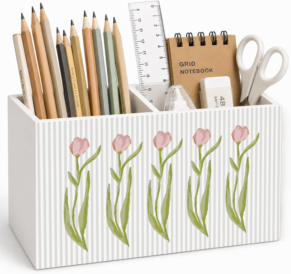 Lacama Spring Tulip Floral Pen Pencil Holder for Desk, Tulip Flower Botanical Sage Green Floral Pretty Cottagecore Pencil Holders Wooden Box Organizer for Home Office Bedroom Desk Tabletop