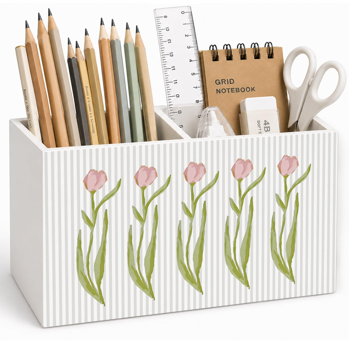 Lacama Spring Tulip Floral Pen Pencil Holder for Desk, Tulip Flower Botanical Sage Green Floral Pretty Cottagecore Pencil Holders Wooden Box Organizer for Home Office Bedroom Desk Tabletop