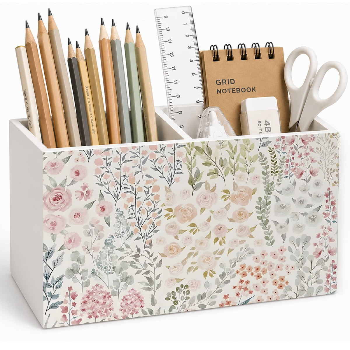 Lacama Spring Tulip Floral Pen Pencil Holder for Desk, Tulip Flower Botanical Sage Green Floral Pretty Cottagecore Pencil Holders Wooden Box Organizer for Home Office Bedroom Desk Tabletop