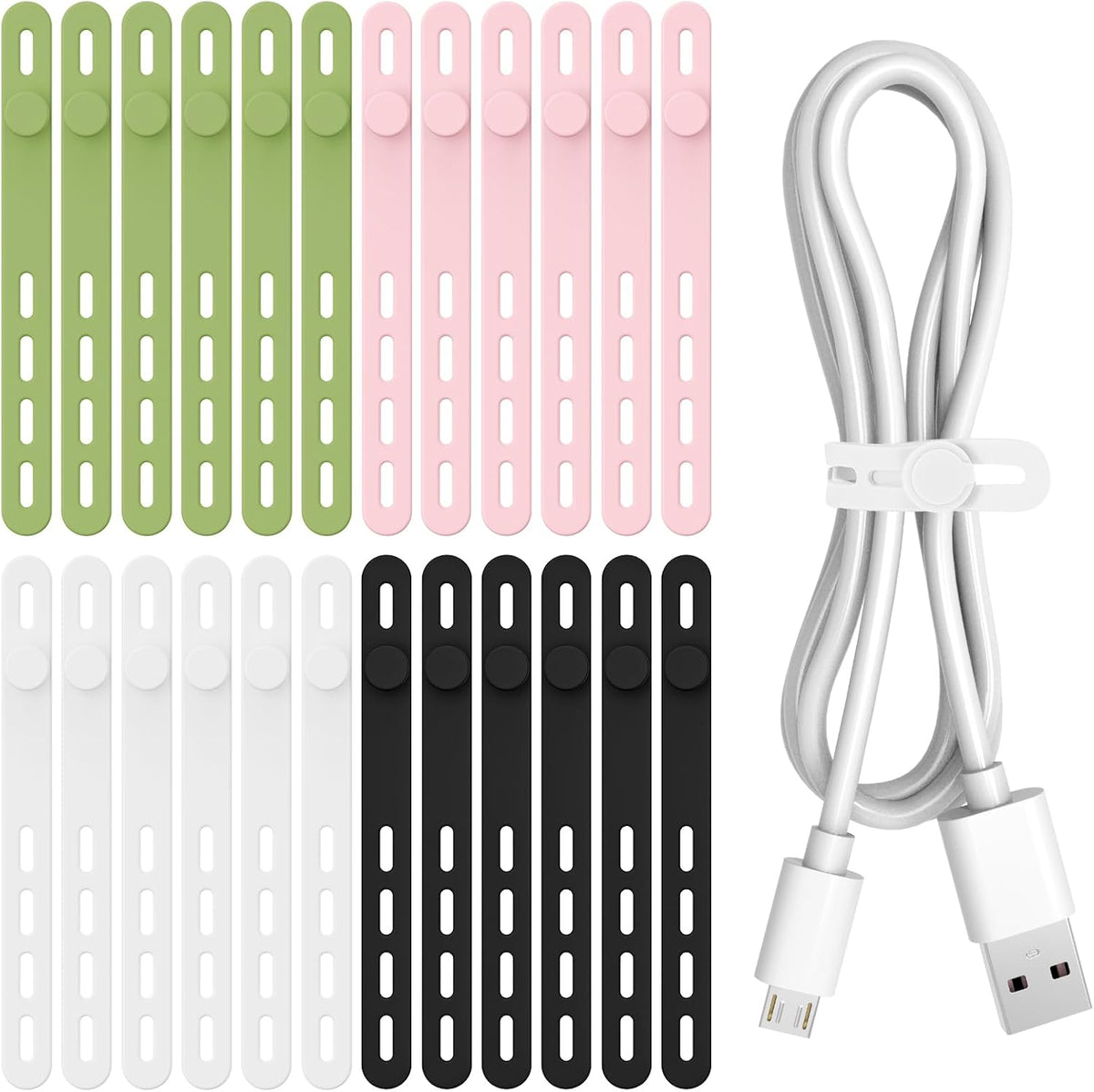 Donruby 24Pcs Silicone Cable Ties, Reusable Cord Organizer Straps, 4 Colors