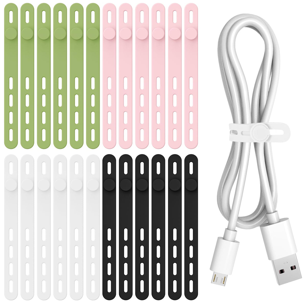 Donruby 24Pcs Silicone Cable Ties, Reusable Cord Organizer Straps, 4 Colors
