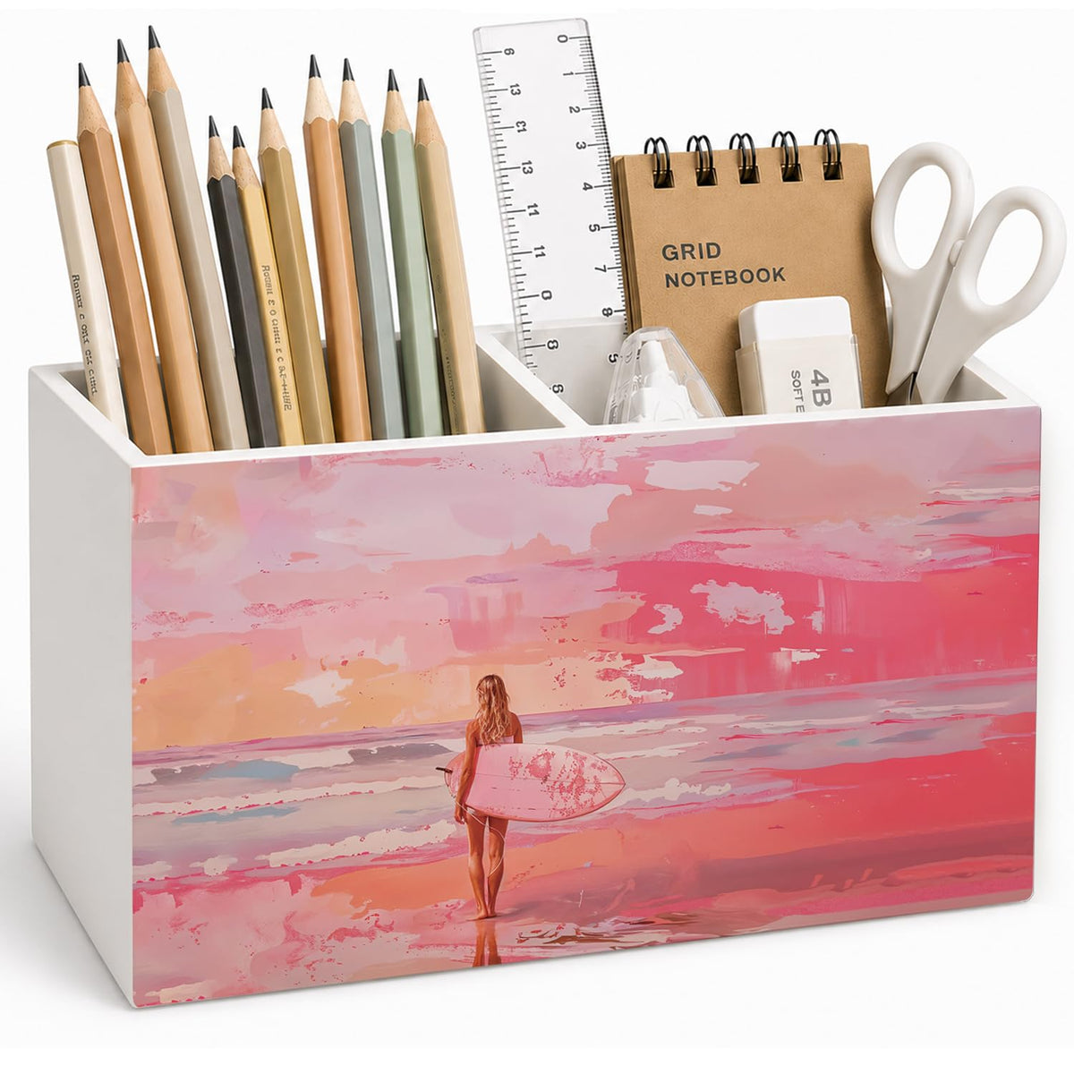 Lacama Spring Tulip Floral Pen Pencil Holder for Desk, Tulip Flower Botanical Sage Green Floral Pretty Cottagecore Pencil Holders Wooden Box Organizer for Home Office Bedroom Desk Tabletop