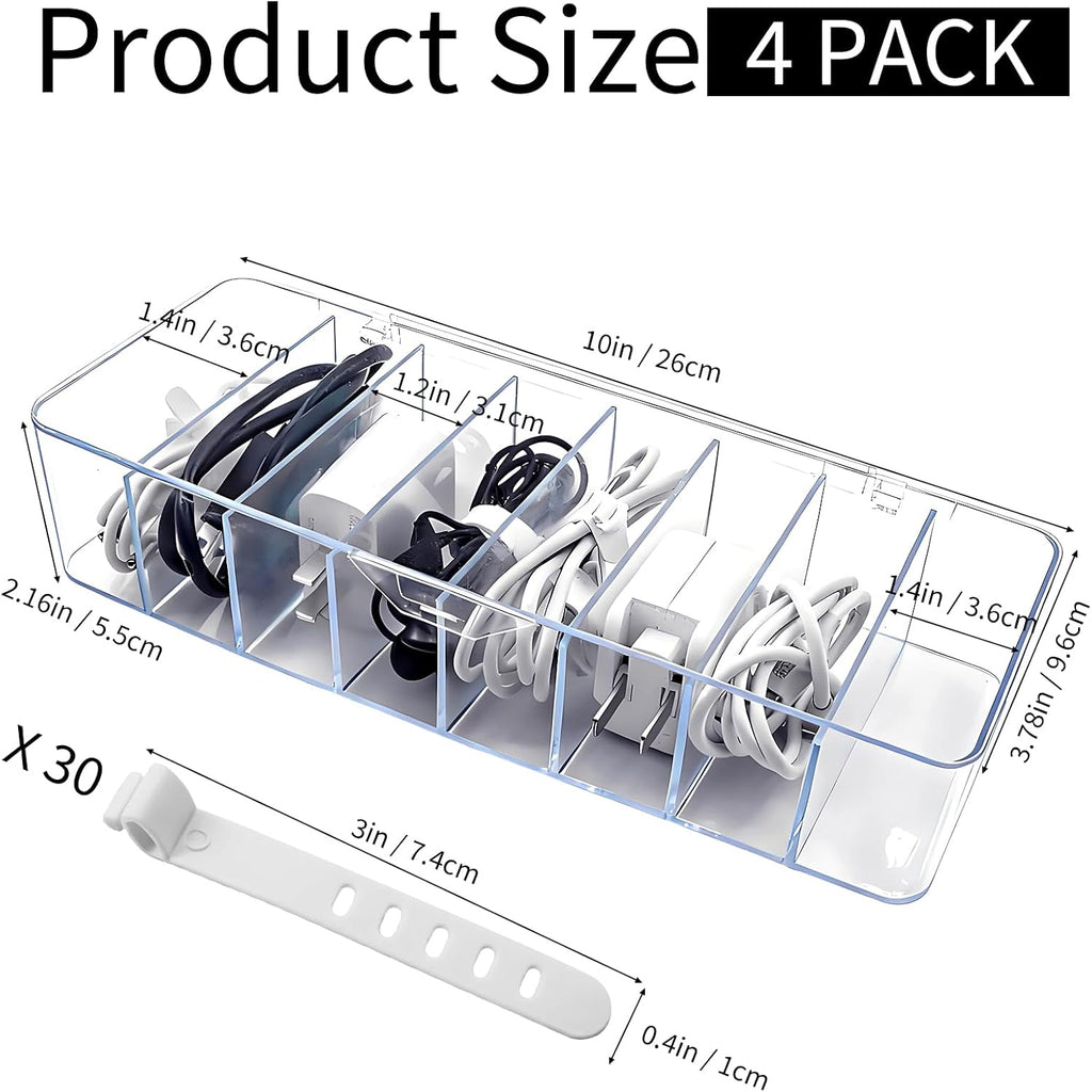 Cheardia 4 Pcs Cable Storage Organizer, Cord Organizer Box with 30 Wire Tie