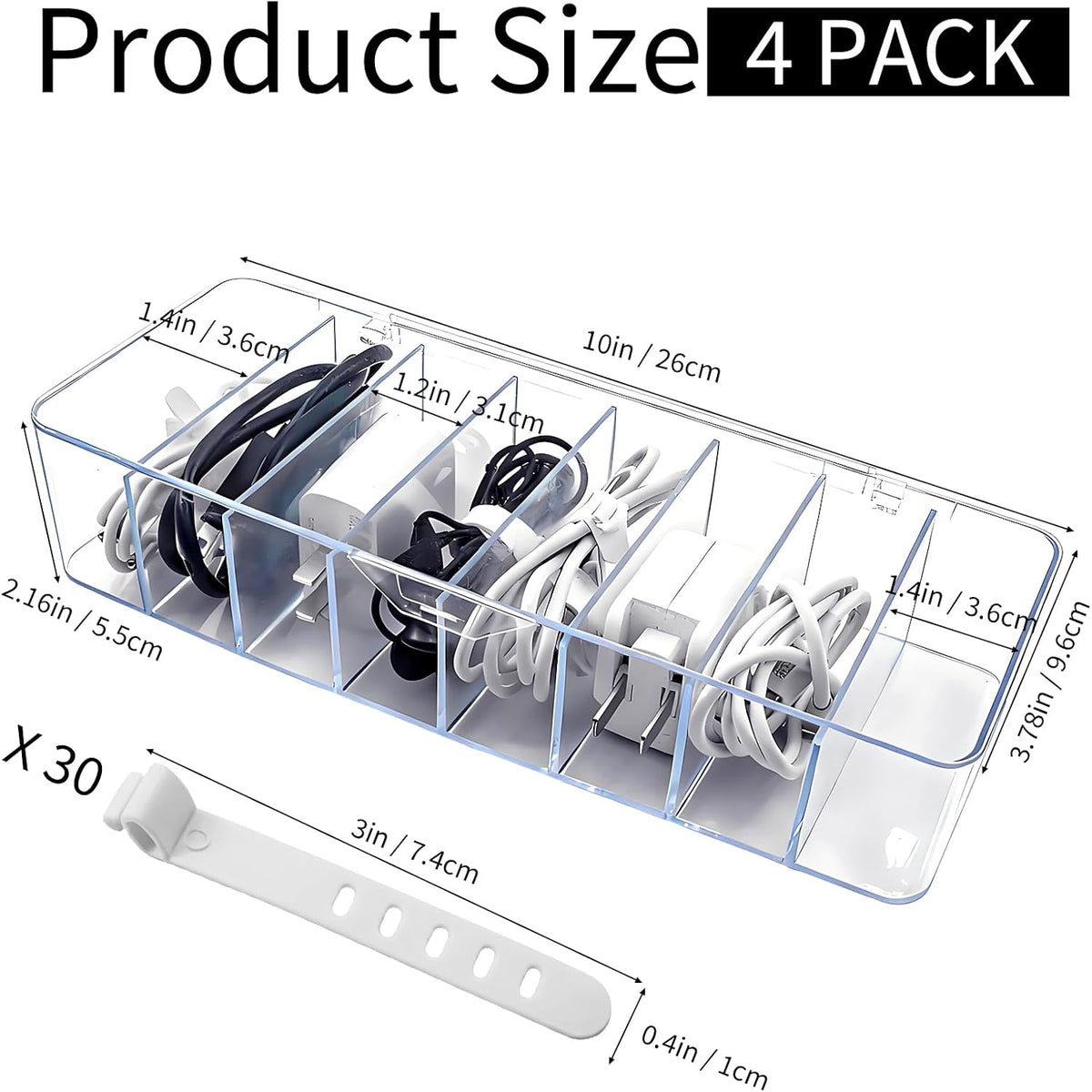 Cheardia 4 Pcs Cable Storage Organizer, Cord Organizer Box with 30 Wire Tie
