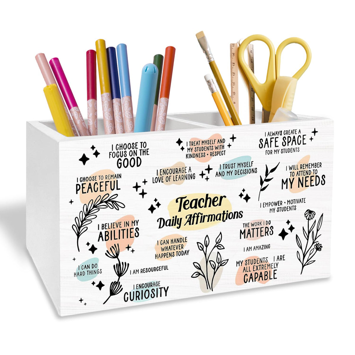 Boho Sunshine Pen Holder for Desk, Boho Classroom Decor Pencil Organizer, Cute Orange Yellow Sun Wooden Box Sign Desk Decor for Kids Room Nursery Playroom Classroom Decoration