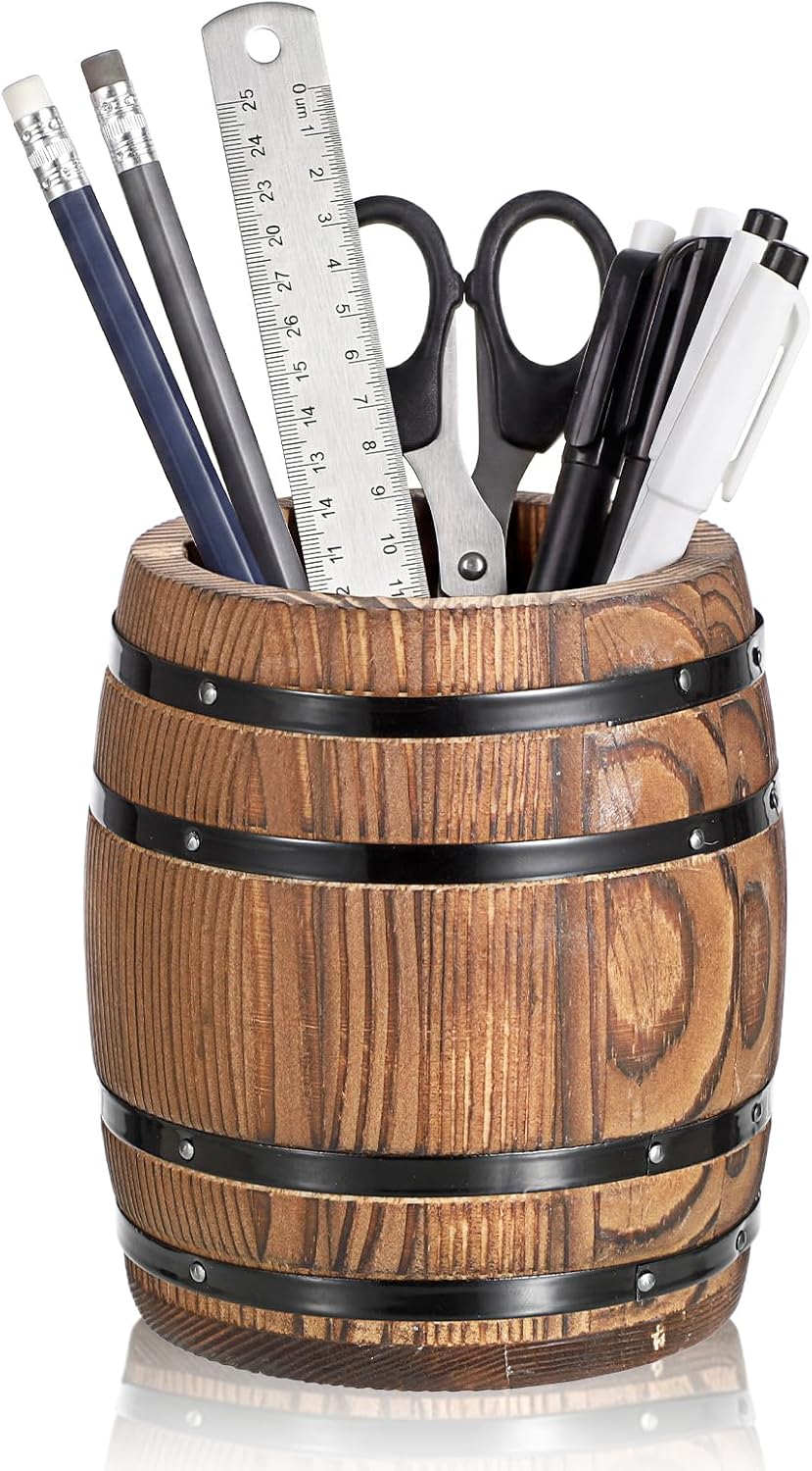 Rustic Wooden Pen Holders for Desk, Wine Barrel Shaped Pencil Cup