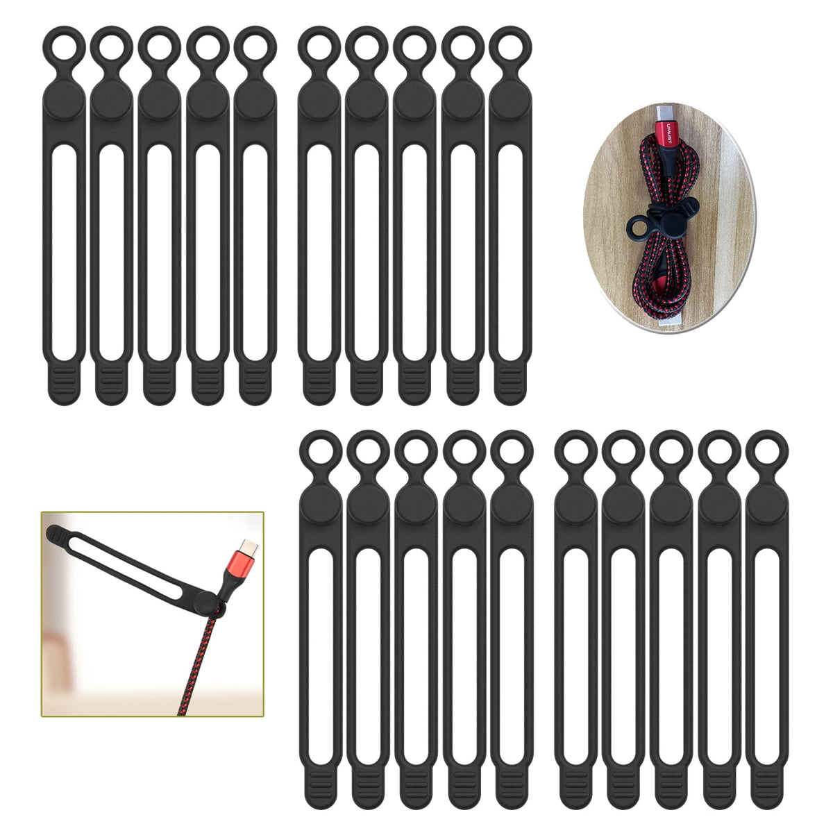 [20Park]UMUST Silicone Cable Ties, Reusable Cable Management Organizer, Cord Tie,Multipurpose Elastic Cord Organizer for Bundling and Fastening Cable Cords Wires(black)