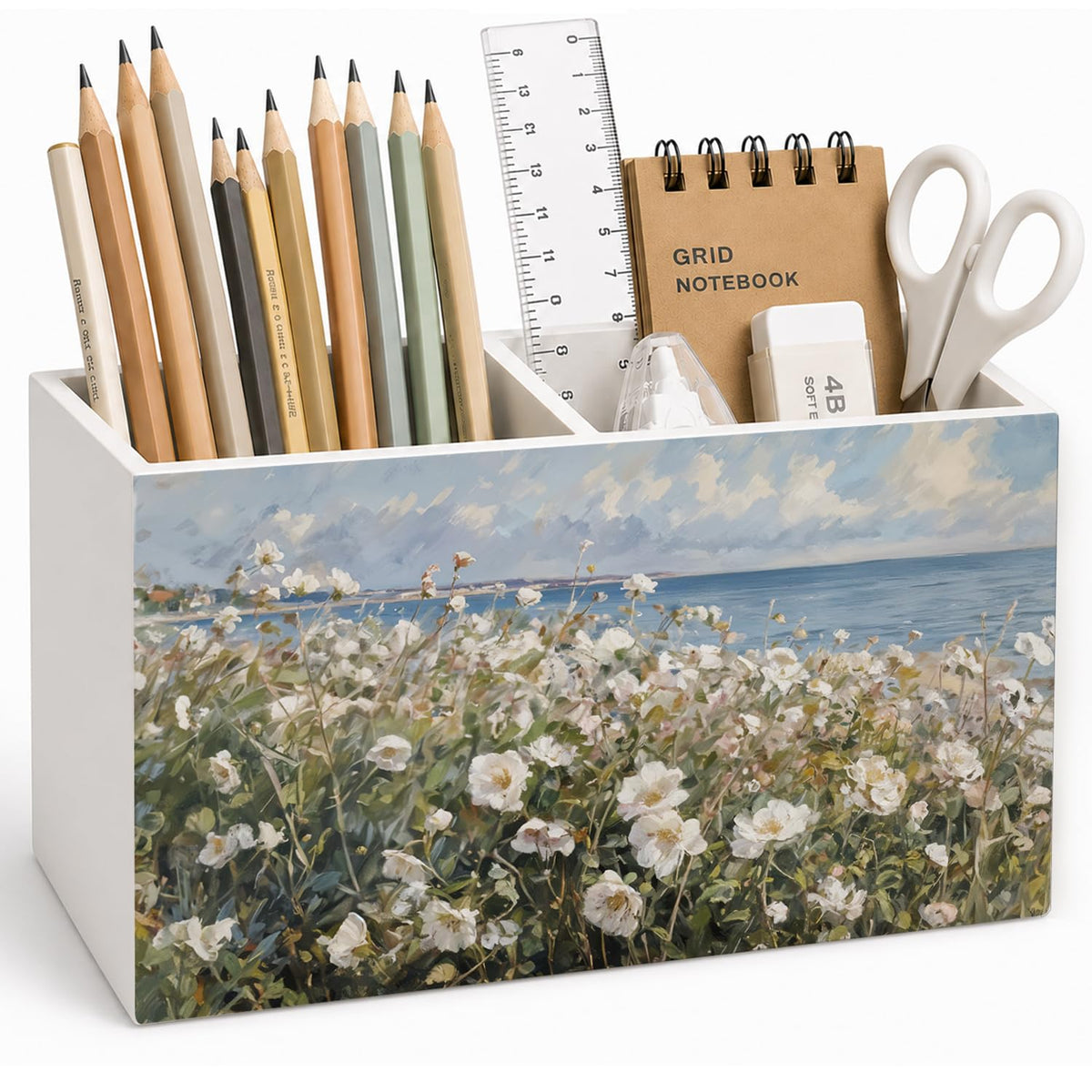Lacama Spring Tulip Floral Pen Pencil Holder for Desk, Tulip Flower Botanical Sage Green Floral Pretty Cottagecore Pencil Holders Wooden Box Organizer for Home Office Bedroom Desk Tabletop