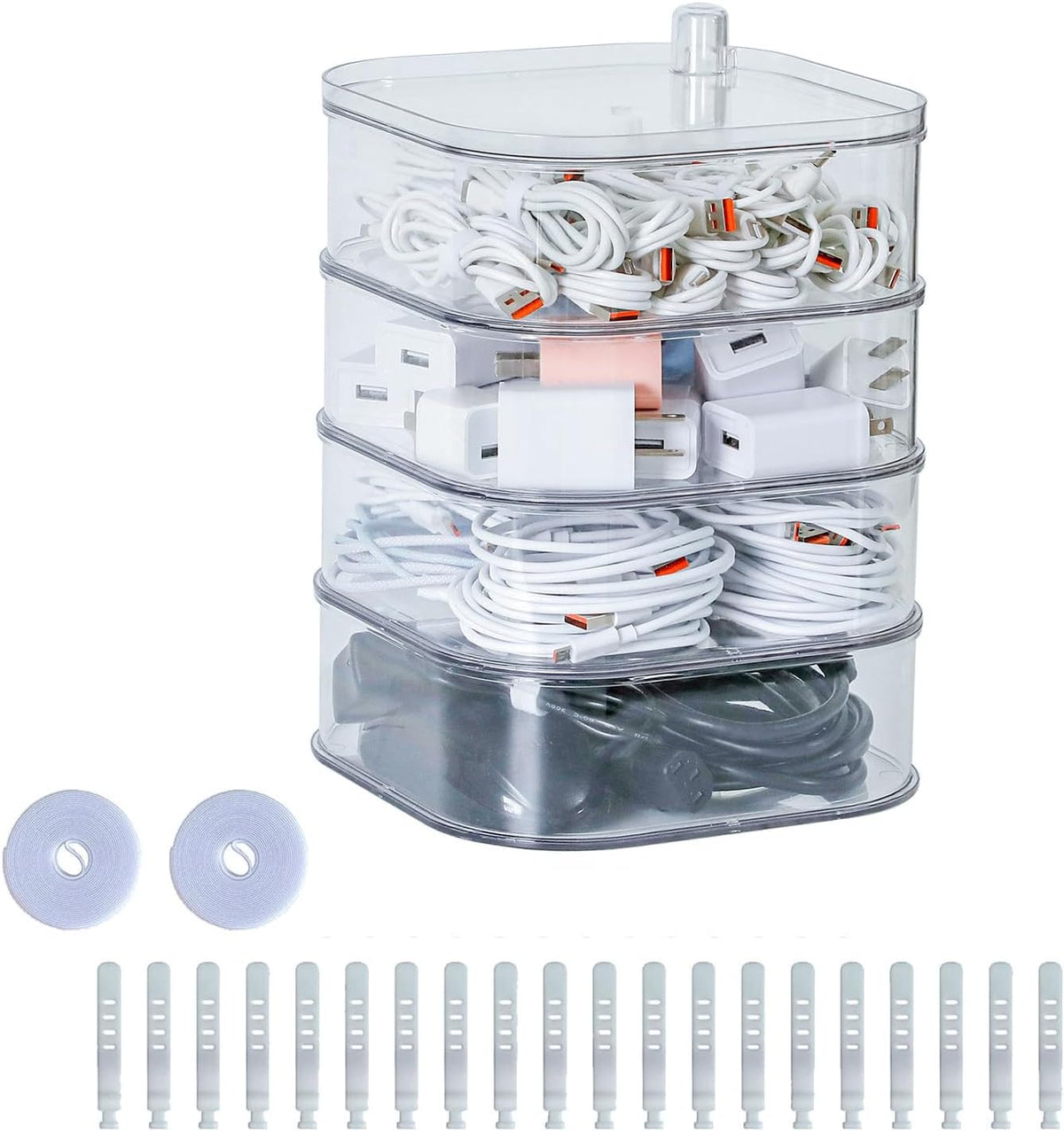 Large Charger Cable Storage Box with Lid, 4-Tiers, Clear