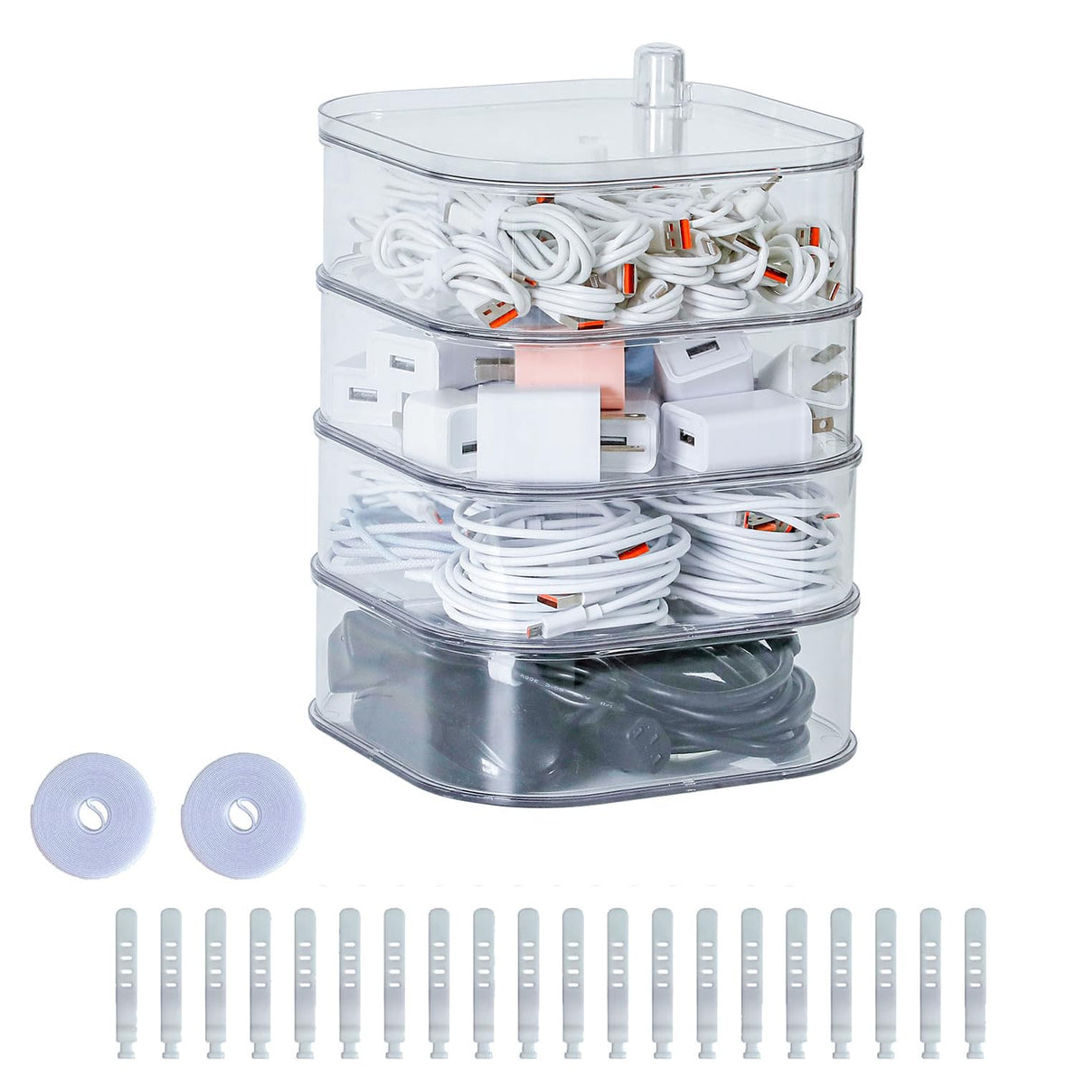 Large Charger Cable Storage Box with Lid, 4-Tiers, Clear