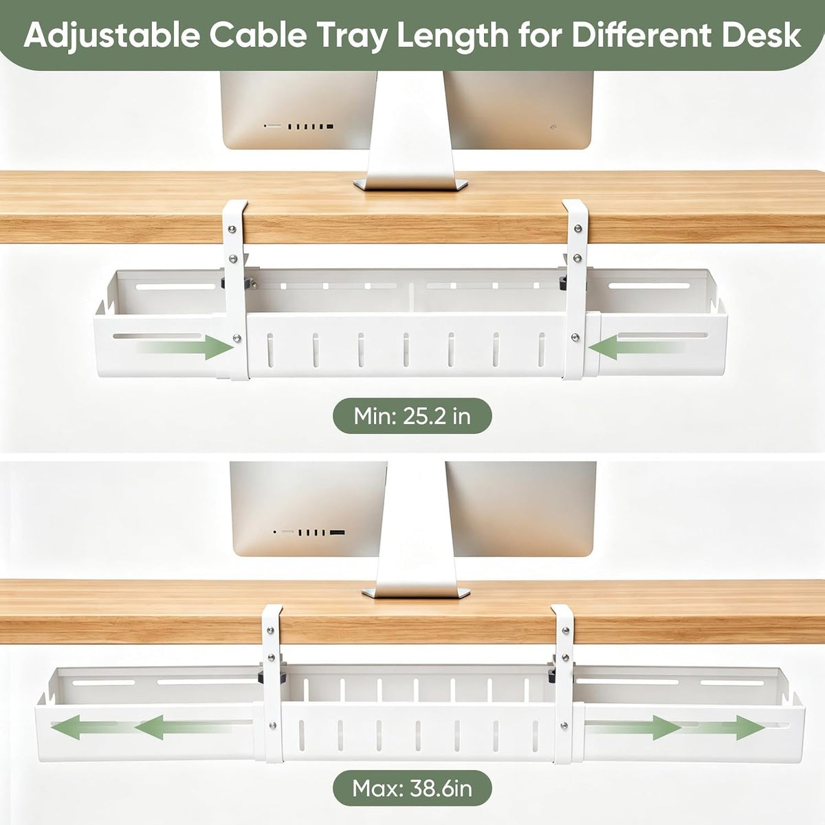 Under Desk Cable Management Tray, Expandable 25.2-38.6 Inch,White