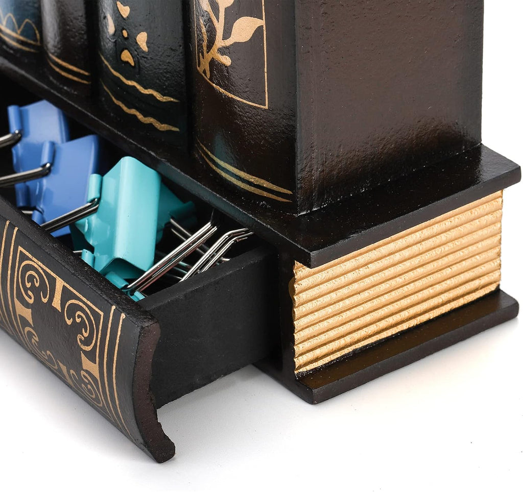 Tosnail Decorative Pen Holder with Storage Drawer, Wooden Pencil Holder Organizer, Antique Library Books Design Pen Cup Caddy, Desk Organizer for Office Supplies, Countertop, Desk, Table Accessory